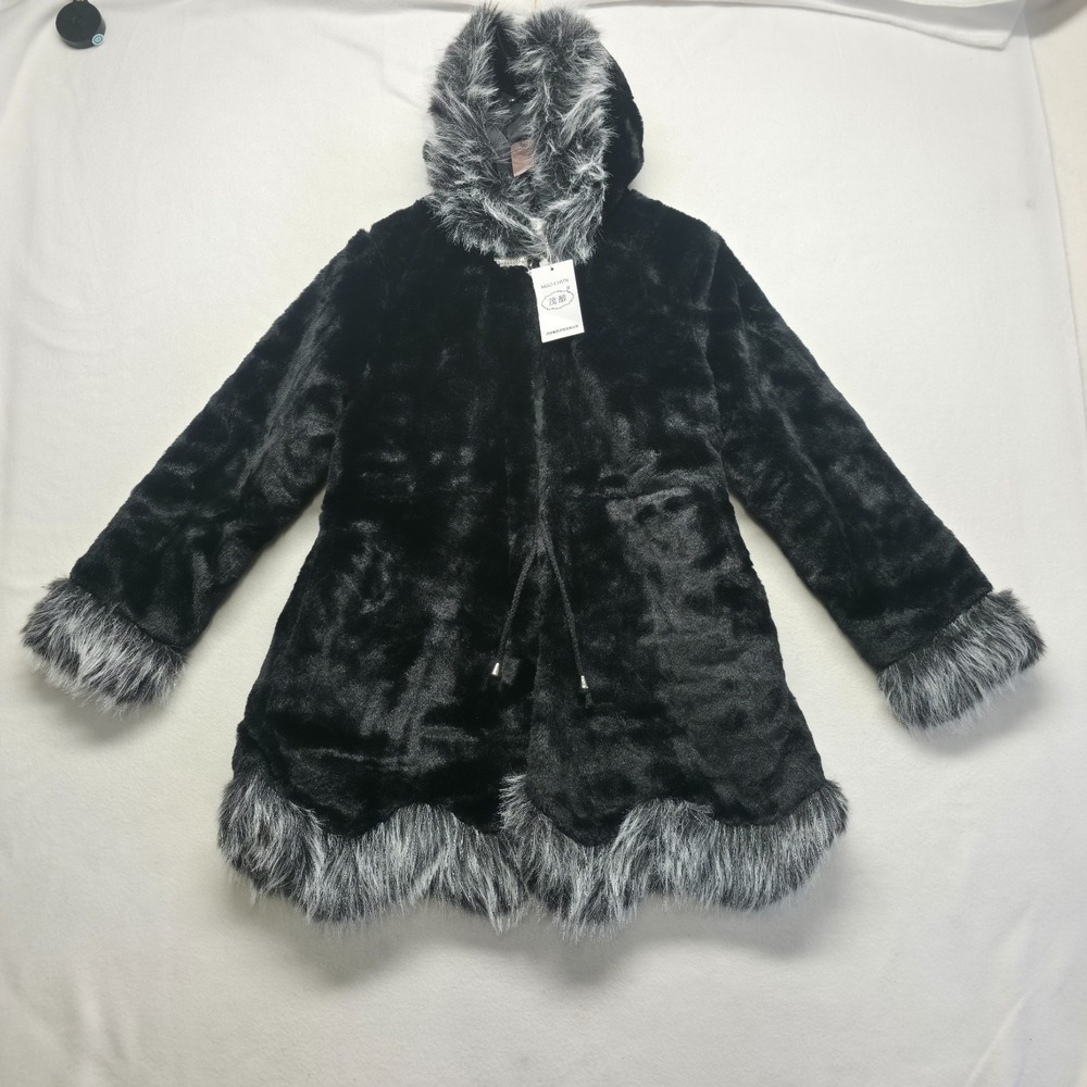Mao Chun Hooded Black Faux-Fur Coat Silver Trim Clasp Drawstring Size Large